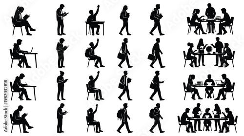 Comprehensive black silhouette set of students in diverse educational poses such as sitting at desks, walking with backpacks, reading books, raising hands, and studying in group teams