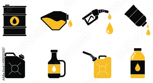 Oil barrels and fuel icons in black and yellow minimalist style for industrial and automotive use