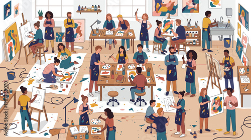 Large Group of Diverse Artists Painting and Drawing in a Creative Studio Workshop Environment with Easels and Canvases, People Mixing Colors in a Vibrant Modern Flat Vector Illustration
