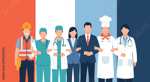 Group of Diverse Professionals Standing Together Holding Hands for International Labour Day Concept, Workforce Unity Flat Vector Illustration.