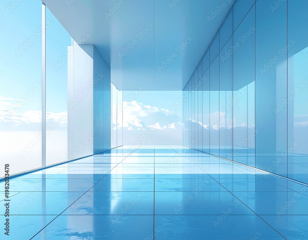 Fototapeta premium クリーンでモダンな企業のオフィス空間背景：柔らかな光が差し込むブルーのミニマルな廊下とプロフェッショナルな3Dインテリア素材