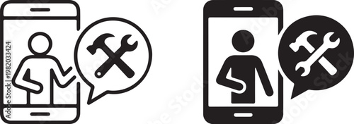 Icons representing customer support and technical assistance via smartphone with technology assistance smartphone communication maintenance troubleshooting customer
