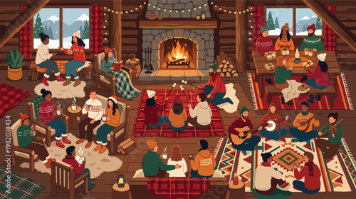 Cozy Winter Cabin Interior Scene with Diverse People Gathering Around a Warm Fireplace Roasting Marshmallows Playing Music Drinking Hot Cocoa and Wrapping Christmas Gifts in a Rustic Lodge Room
