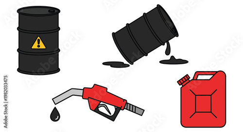 Oil barrels and gas cans in hazardous materials warning signs for industrial equipment and fuel storage