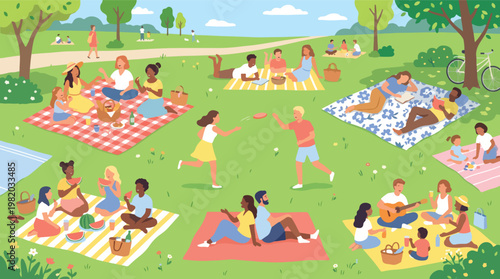 Vibrant flat vector illustration of diverse people relaxing and having a picnic in a sunny green park with blankets, food, music, and various activities during warm summer weekend days!