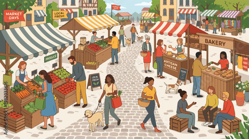 Vibrant flat vector illustration of a bustling outdoor farmers market on a cobblestone street with diverse people shopping for fresh organic produce, local cheese and crusty baked goods