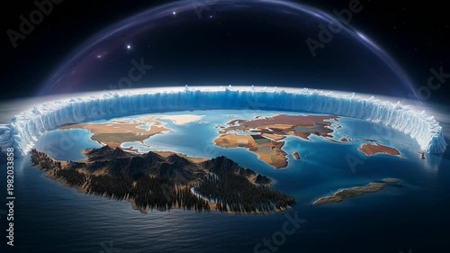 A flat earth illustration with a domed sky and continents showing mountains and coastlines