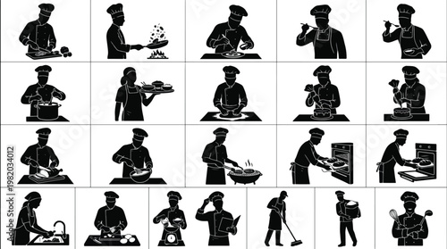 Professional Chef Silhouette Vector Set: Black Icons of Men and Women Cooking, Baking, Grilling, Plating, Whisking, Kneading, and Washing Vegetables in a Great Kitchen Environment Set