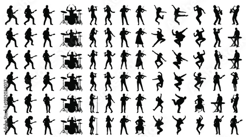 Large collection of black silhouettes of musicians and dancers featuring guitarists, drummers, singers, violinists, saxophonists, keyboardists and performers for music band concert art.