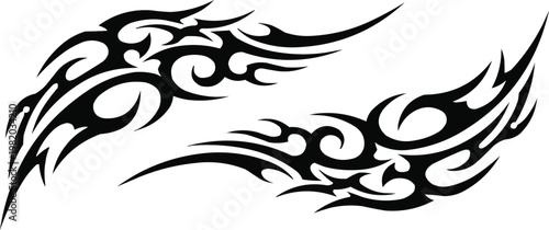 A black tribal wolf tattoo design with decorative animal patterns and ornamental elements in a bold vector illustration style