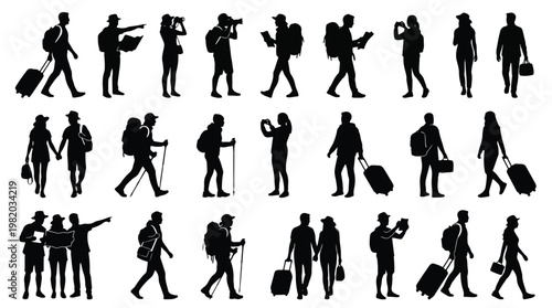 Collection of diverse travel silhouettes featuring tourists, hikers, and backpackers walking with suitcases, reading maps, taking photos, and exploring together in a flat vector style