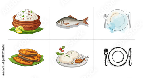 Bengali fish meal, Rice, curry, and fried fish, Traditional dish, Clay pot, Banana leaf, Authentic cuisine.