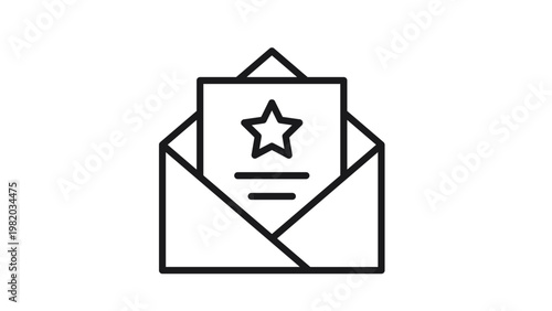 Black line vector icon illustration of an open envelope with a card inside featuring a star symbol, representing an invitation, special message, award notification, or favorite mail correspondence.
