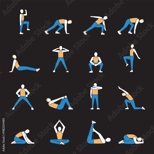 Minimal Outline Icon Set of Bodyweight Exercises, Stretching and Indoor Fitness Routine