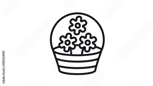 Minimalist black vector icon illustration of a flower basket with three blooming flowers and a handle, isolated on a white background for graphic design and web interface symbols.