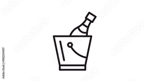 Champagne Bottle in Ice Bucket Vector Icon Illustration. Minimalist Black Line Art Symbol for Celebrations, Weddings, Parties, and Luxury Events. Scalable Graphic for Web and Print Design.