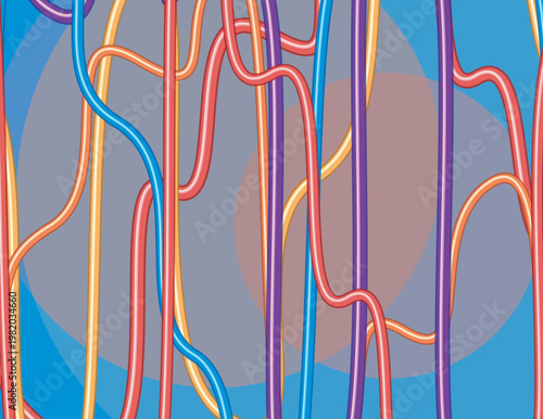 Colorful abstract wavy lines against blended circles on blue background