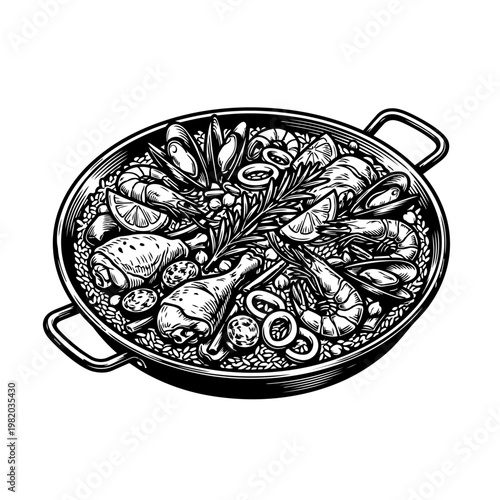 A hand-drawn black and white line art illustration of a Spanish seafood paella in a pan with shrimp, mussels, chicken, and lemon wedges.