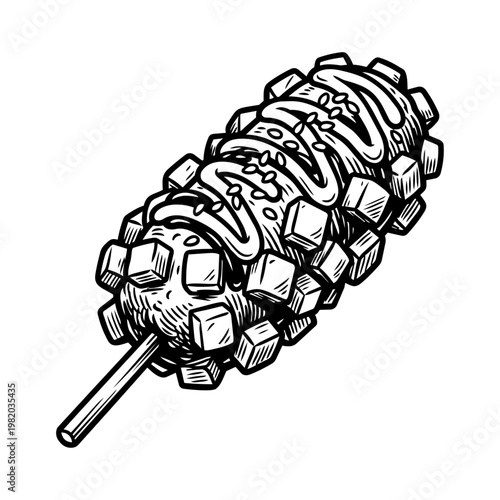 A black and white hand-drawn illustration of a Korean potato corn dog on a stick with crispy potato cubes and sauce drizzle