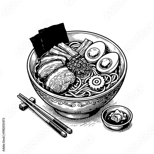 A black and white hand-drawn illustration of a Japanese ramen bowl with chashu pork, boiled eggs, nori seaweed, and chopsticks.