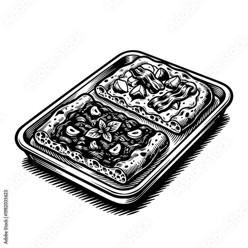 A black and white woodcut illustration of two rectangular pizza slices on a tray with basil, mushrooms, bacon, and potato toppings.