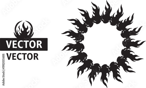 Black flame vector icons, fire element designs, blazing circular graphics, abstract burning shapes