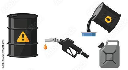 Oil barrel and fuel pump with canister in industrial flat illustration for business and industry