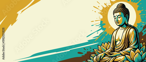 Buddha Figure Meditating on Lotus Blossoms with Serene Halo Spiritual Peace