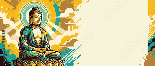 Buddha Figure Meditating with Lotus Details and Serene Pose in Flat Design Illustration