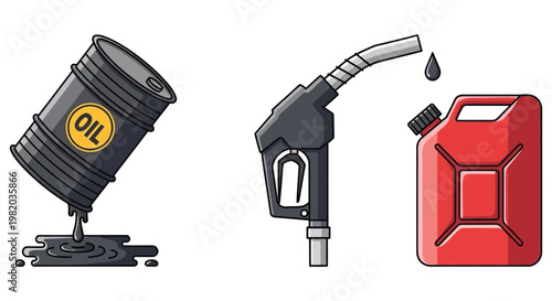 Leaking oil barrel with gas pump and red canister in industrial accident with dark ominous lighting for environmental disaster