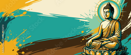 Buddha Figure Meditating on Lotus with Serene Posture and Colorful Halo