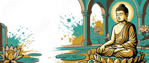 Buddha Figure Meditating with Lotus Flowers and Serene Aura on White Background