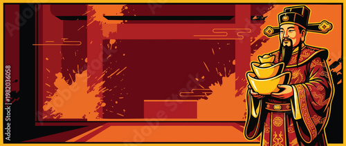 Caishen Figure Offering Gold Ingots for Prosperity and Good Fortune Illustration