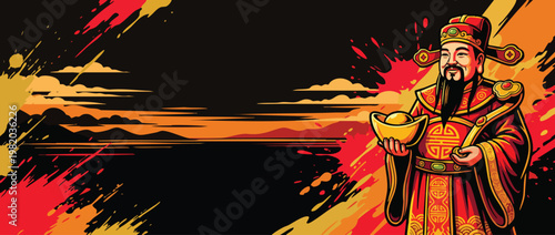 Caishen Figure with Gold Ingots and Festive Robes Promoting Prosperity