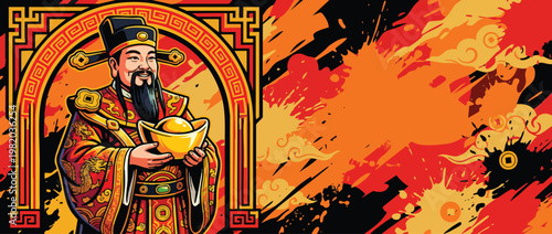 Caishen Figure with Gold Ingots and Festive Robes on Vibrant Background