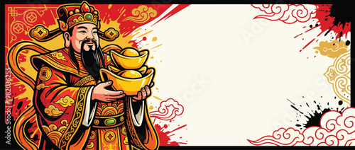 Caishen Figure with Gold Ingots and Festive Robes Prosperity Symbols Blessing Card