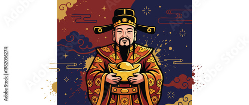 Caishen Figure with Gold Ingots Festive Robes Prosperity Symbols for Lunar New Year