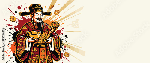 Caishen Figure with Gold Ingots Festive Robes and Prosperity Symbols