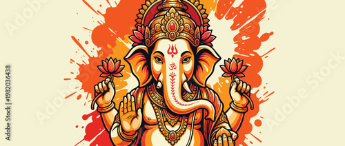 Ganesha Elephant Head Figure with Lotus Accents and Ornate Ornaments