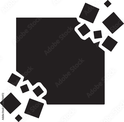 Black square puzzle pieces, broken geometric shapes, shattered fragments, abstract design elements