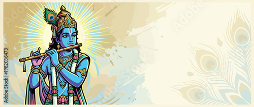 Krishna Figure Playing Flute with Peacock Feather and Lotus Accents