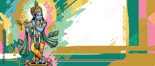 Krishna Figure Playing Flute with Peacock Feathers and Lotus Accents