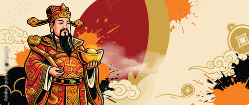 Caishen Figure with Gold Ingots and Festive Robes for Prosperity Designs