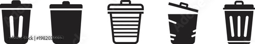 Collection of black trash can icons representing waste disposal and recycling concepts in a minimalist style