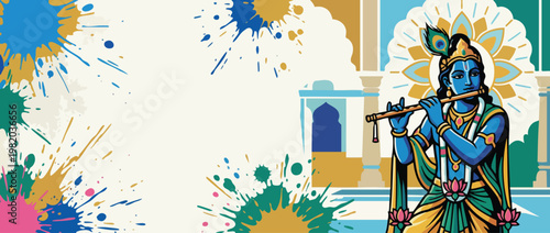 Krishna Figure Playing Flute with Peacock Feather and Lotus Accents