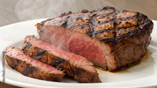 Beef steak served in plate . Grilled steak, medium rare. 