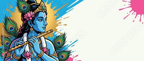 Krishna Figure Playing Flute with Peacock Feather Accents and Lotus Flowers