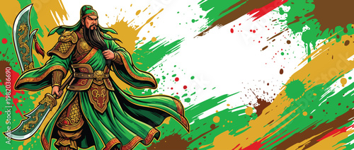 Gallant General Guan Yu Wields Ceremonial Blade in Vibrant Battle Illustration