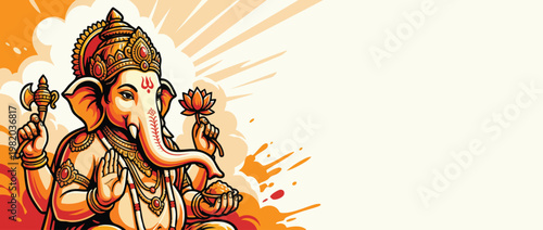 Ganesha Elephant Head God Illustration with Lotus and Ornate Ornaments Art
