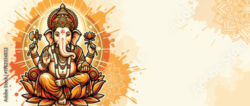 Ganesha Elephant Head God on Lotus with Radiant Aura for Hindu Celebrations and Banners